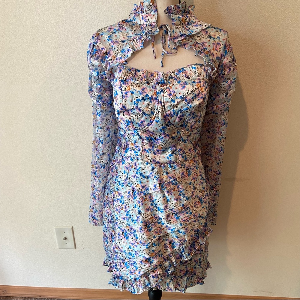 ASOS Design Floral Cupped Tie Neck Structured Ruched Mini - Picture 4 of 12